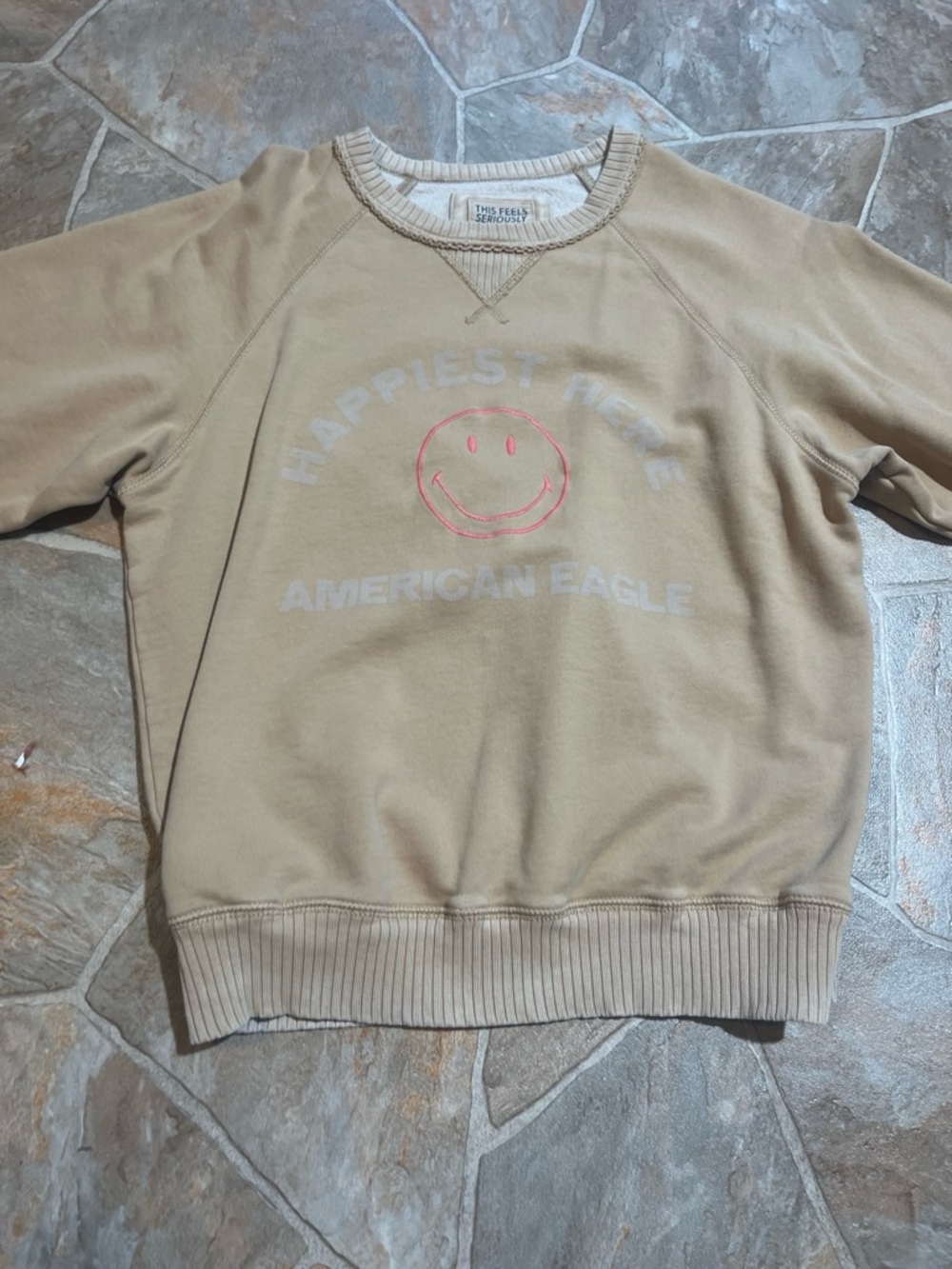 American Eagle Outfitters Beige Crewneck Sweatshirt with Pink Smiley